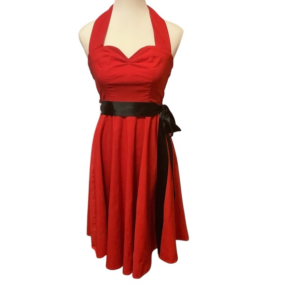GRACE KARIN VINTAGE 1950’S STYLE HALTER FIT & FLAIRE RED DRESS/ Size S - Picture 1 of 11
